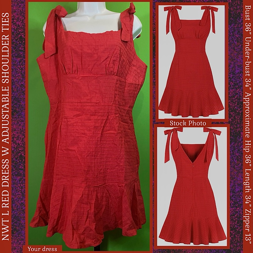 NWOT RED DRESS SHOULDER TIES RUFFLE HEM 100% COTTON